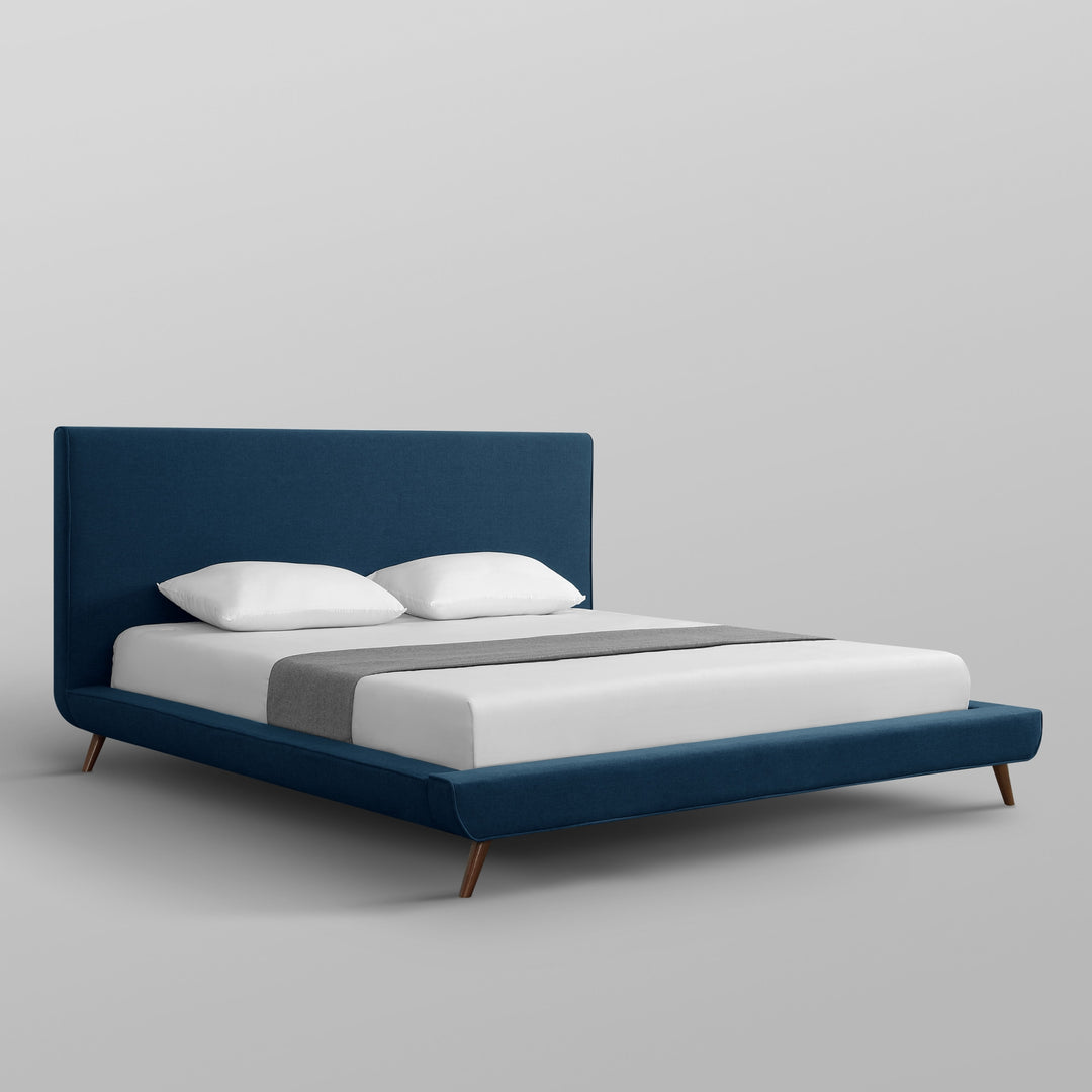 Denim Blue Solid Wood King Upholstered Linen Bed