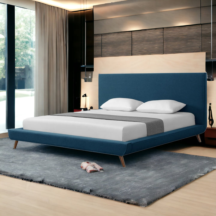 Denim Blue Solid Wood King Upholstered Linen Bed