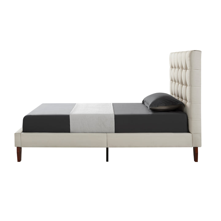 Beige Solid Wood Twin Tufted Upholstered Linen Bed