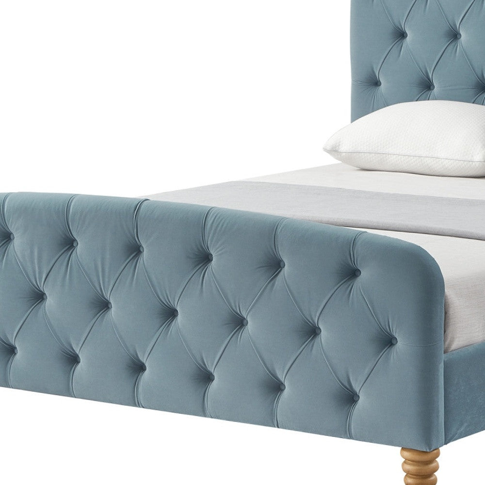 Light Blue Solid Wood King Tufted Upholstered Velvet Bed