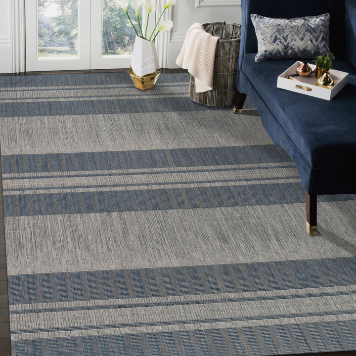 2' x 3' Blue and Gray Striped Stain Resistant Indoor Outdoor Area Rug