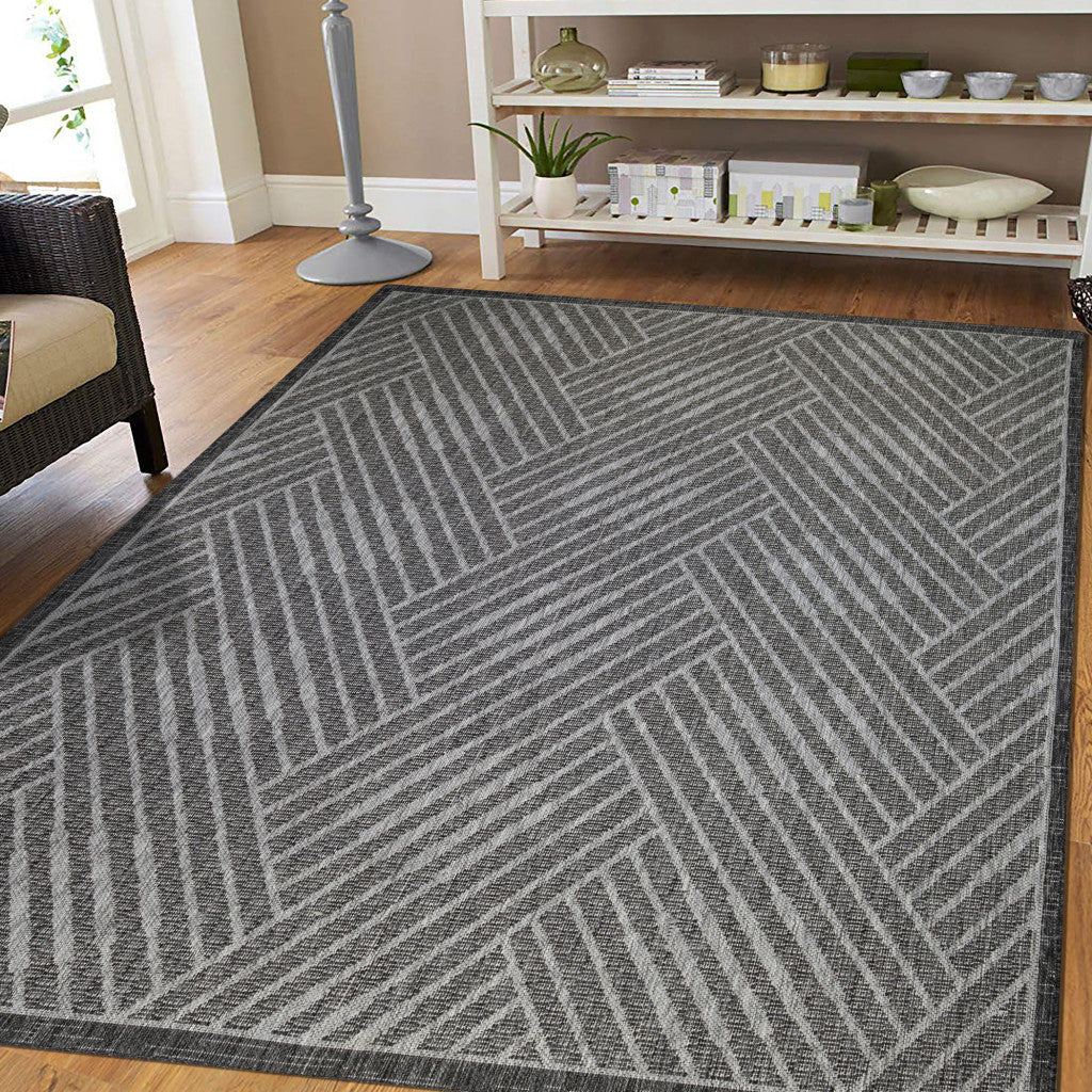 8' x 10' Gray and Blue Geometric Stain Resistant Indoor Outdoor Area Rug