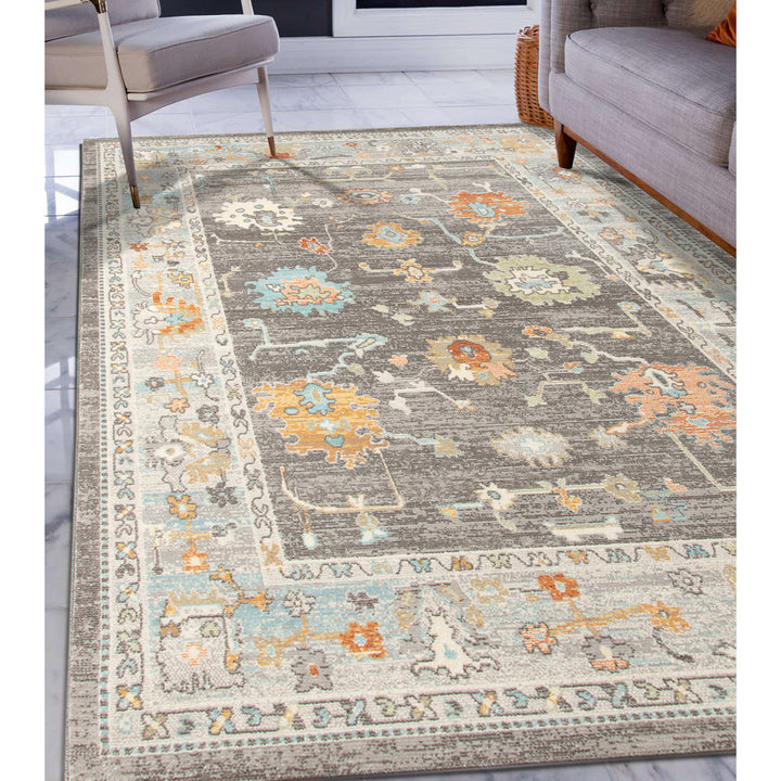 8' x 10' Gray and Orange Floral Stain Resistant Indoor Outdoor Area Rug