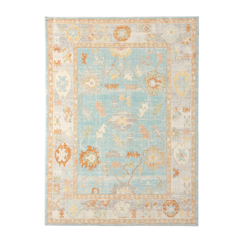 9' x 12' Blue and Orange Floral Stain Resistant Indoor Outdoor Area Rug