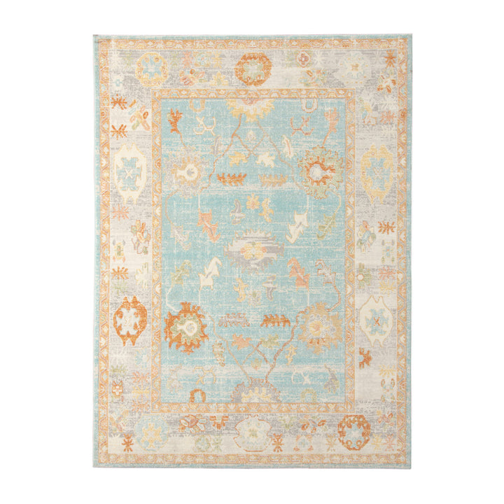 9' x 12' Blue and Orange Floral Stain Resistant Indoor Outdoor Area Rug