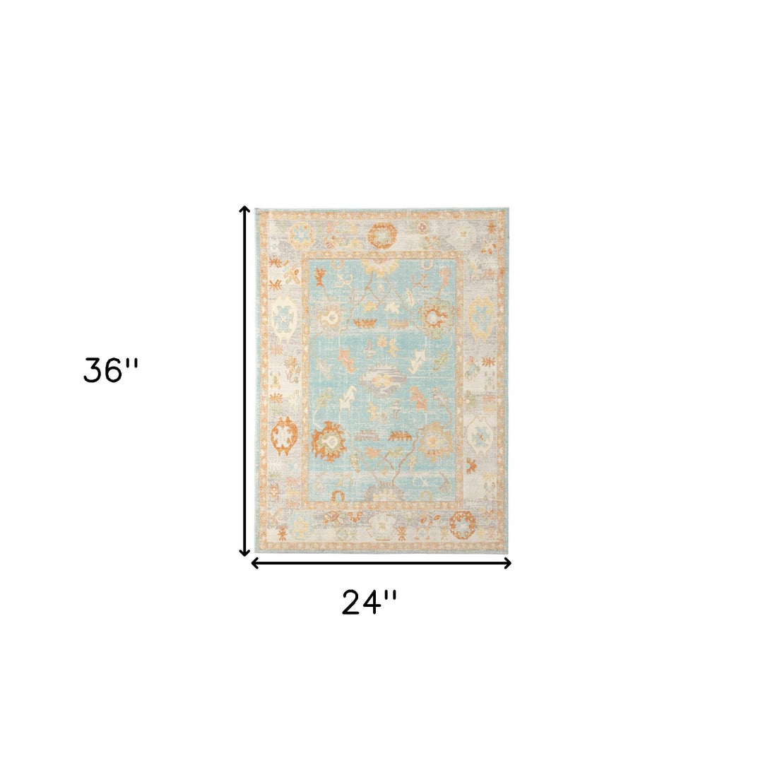 2' x 3' Blue and Orange Floral Stain Resistant Indoor Outdoor Area Rug