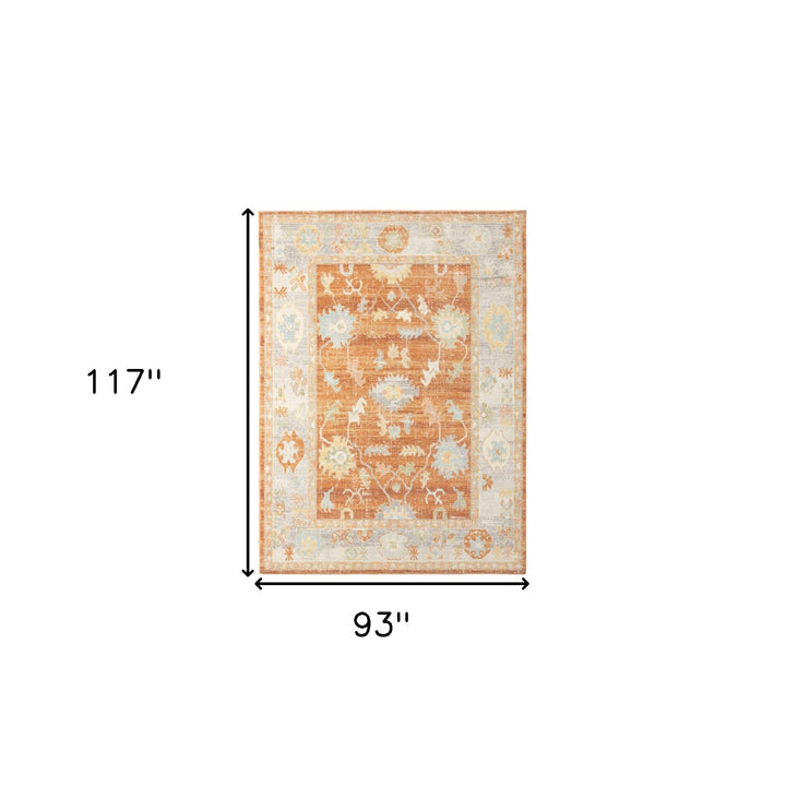 8' x 10' Blue and Orange Floral Stain Resistant Indoor Outdoor Area Rug