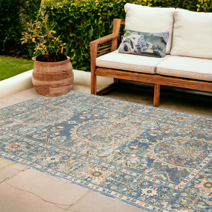 8' x 10' Blue and Orange Floral Medallion Stain Resistant Indoor Outdoor Area Rug