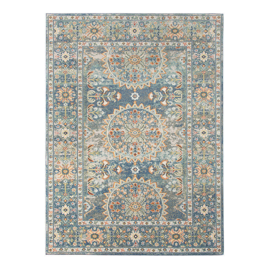 8' x 10' Blue and Orange Floral Medallion Stain Resistant Indoor Outdoor Area Rug