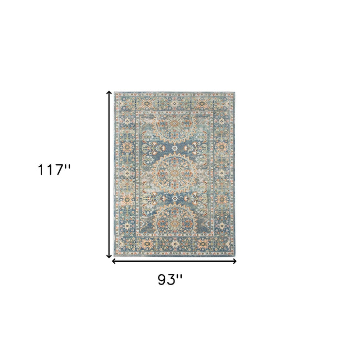 8' x 10' Blue and Orange Floral Medallion Stain Resistant Indoor Outdoor Area Rug