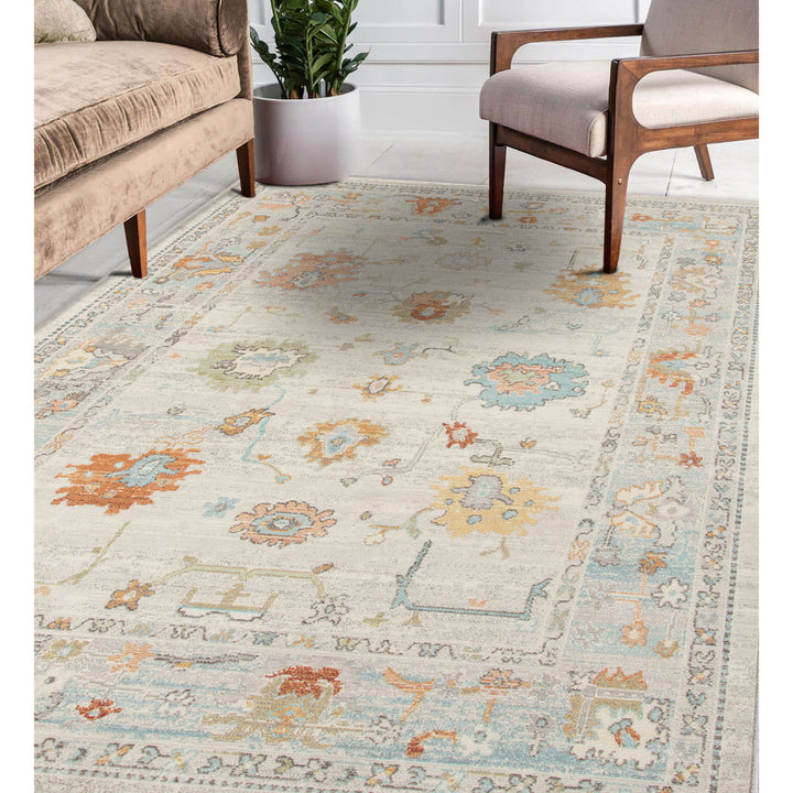 8' x 10' Blue and Orange Floral Stain Resistant Indoor Outdoor Area Rug