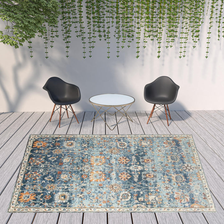 9' x 12' Blue and Orange Floral Stain Resistant Indoor Outdoor Area Rug