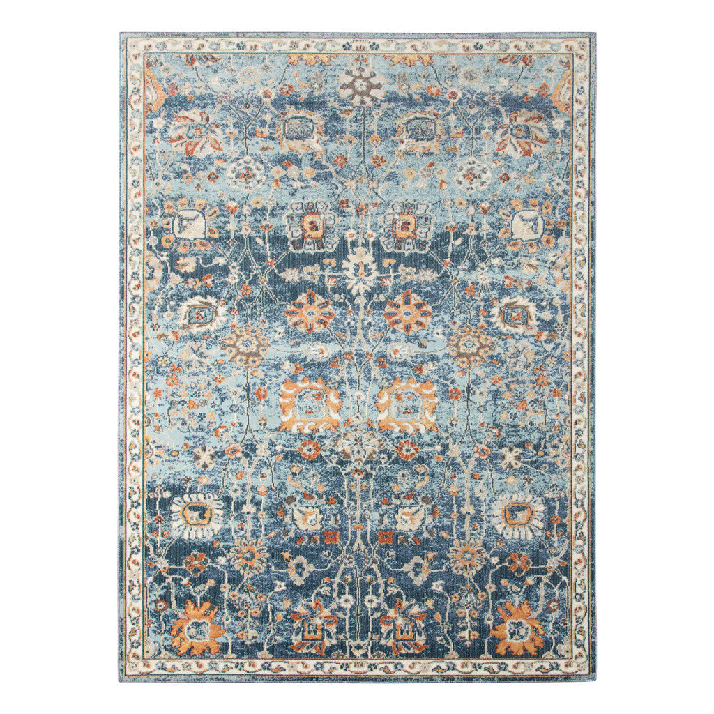 9' x 12' Blue and Orange Floral Stain Resistant Indoor Outdoor Area Rug