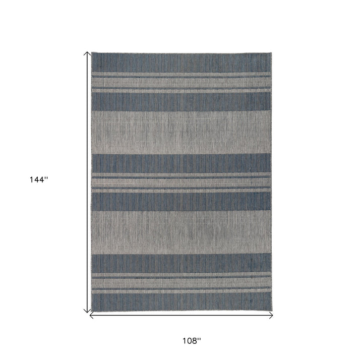 9' x 12' Blue and Gray Striped Stain Resistant Indoor Outdoor Area Rug