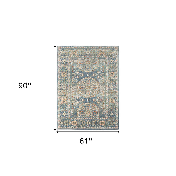 5' x 7' Blue and Orange Floral Medallion Stain Resistant Indoor Outdoor Area Rug