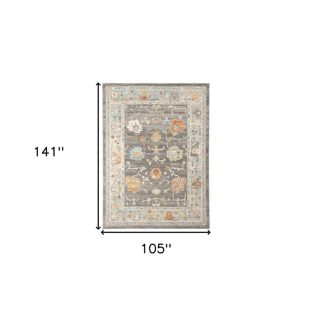 9' x 12' Gray and Orange Floral Stain Resistant Indoor Outdoor Area Rug