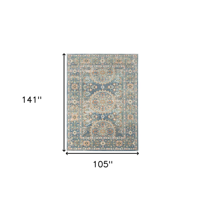 9' x 12' Blue and Orange Floral Medallion Stain Resistant Indoor Outdoor Area Rug