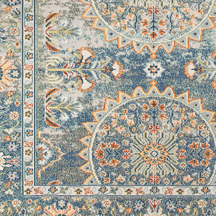 9' x 12' Blue and Orange Floral Medallion Stain Resistant Indoor Outdoor Area Rug