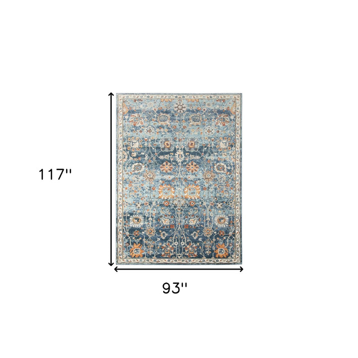 8' x 10' Blue and Orange Floral Stain Resistant Indoor Outdoor Area Rug