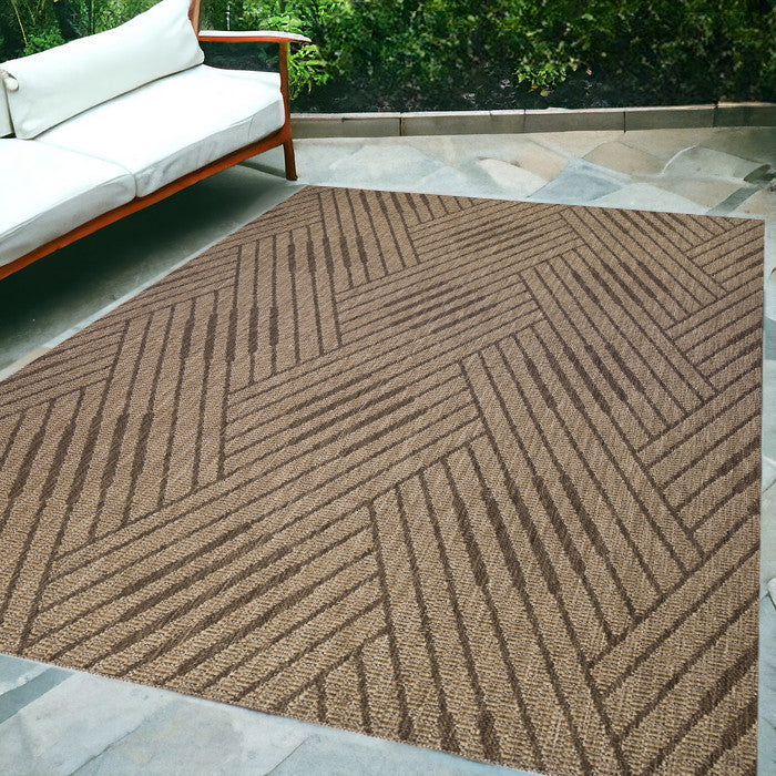 6' x 9' Beige Geometric Stain Resistant Indoor Outdoor Area Rug