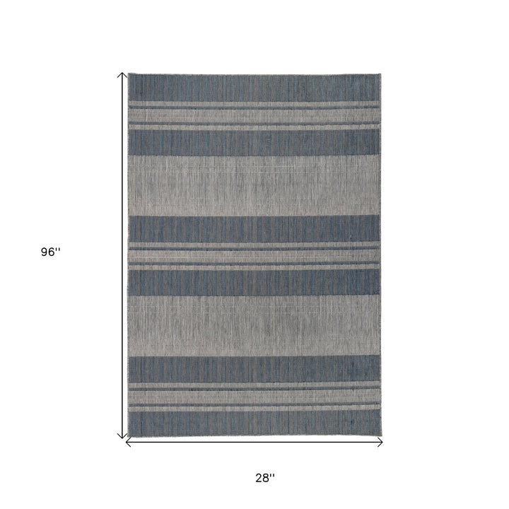 8' Runner Blue and Gray Striped Stain Resistant Indoor Outdoor Runner Rug