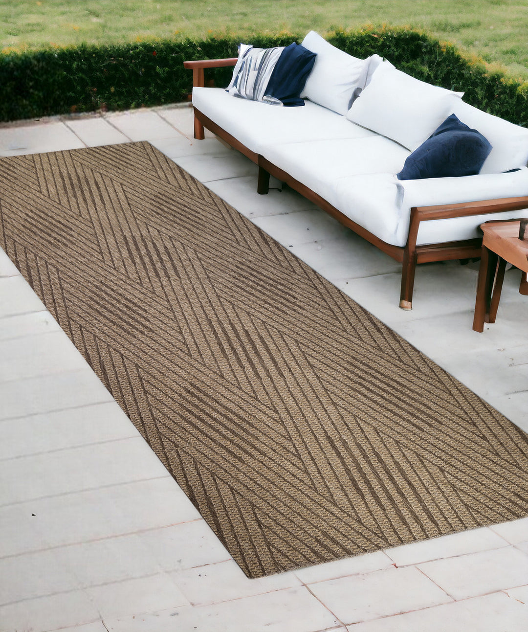 8' Runner Beige Geometric Stain Resistant Indoor Outdoor Runner Rug