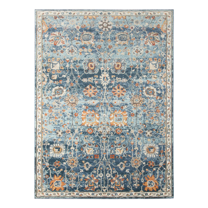 5' x 7' Blue and Orange Floral Stain Resistant Indoor Outdoor Area Rug