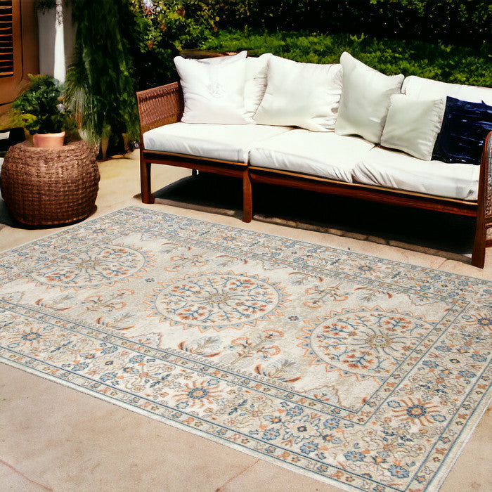 8' x 10' Blue and Orange Medallion Stain Resistant Indoor Outdoor Area Rug