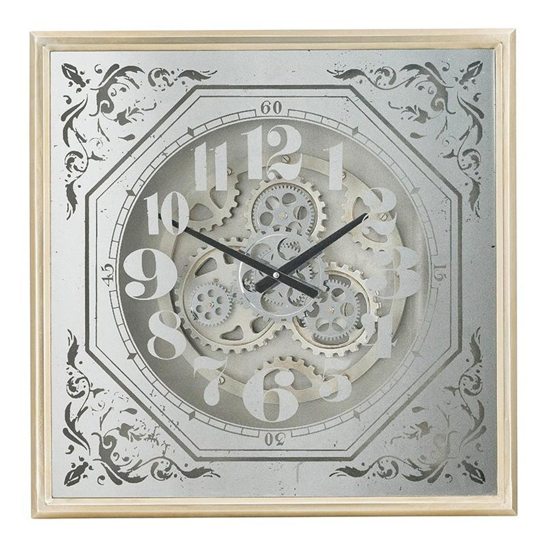 24" Square Gold and Silver Wood and Mirror Exposed Gear Wall Clock