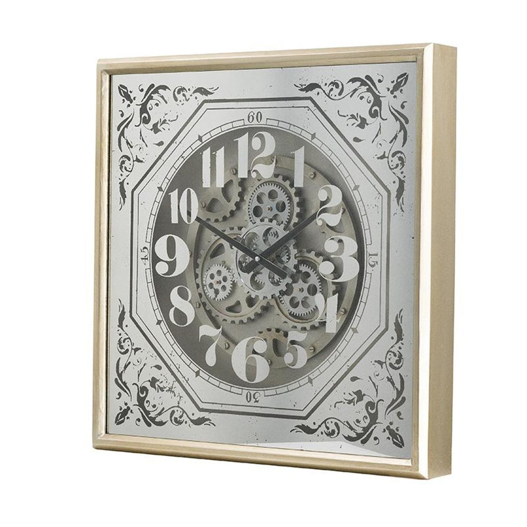 24" Square Gold and Silver Wood and Mirror Exposed Gear Wall Clock