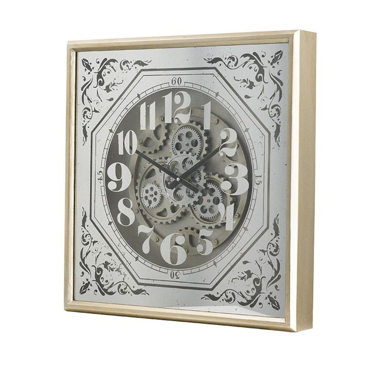 24" Square Gold and Silver Wood and Mirror Exposed Gear Wall Clock