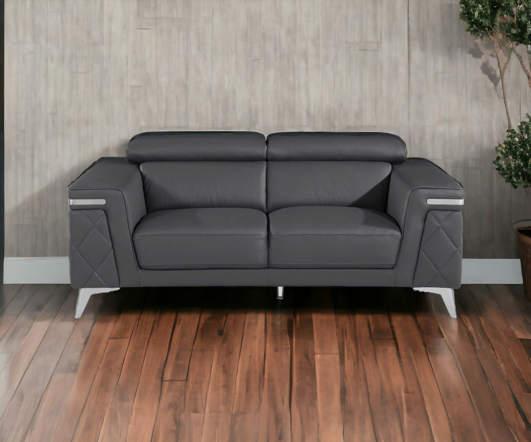 70" Dark Gray And Silver Metallic Leather Loveseat