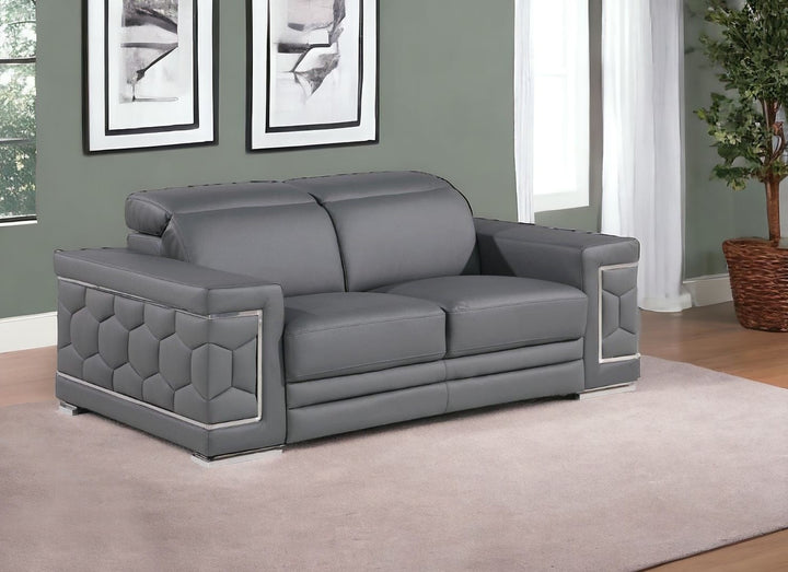 71" Gray And Silver Genuine Leather Love Seat