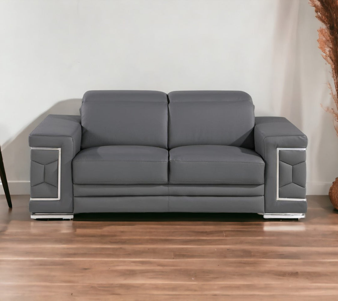 71" Gray And Silver Genuine Leather Love Seat