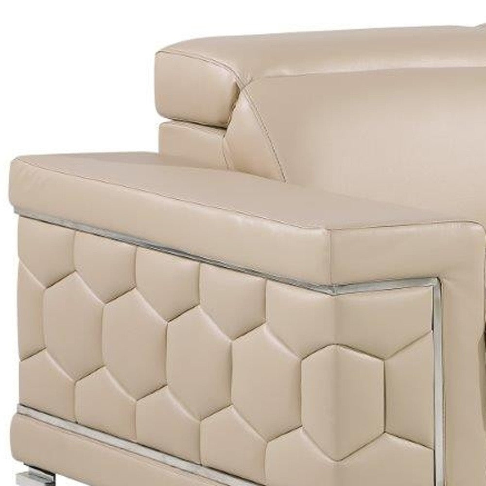 71" Beige And Silver Genuine Leather Love Seat