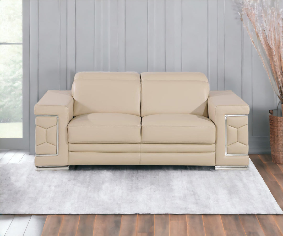 71" Beige And Silver Genuine Leather Love Seat