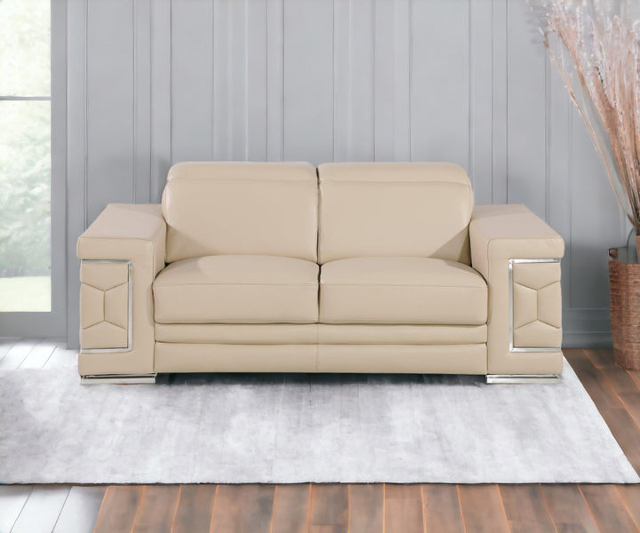 71" Beige And Silver Genuine Leather Love Seat