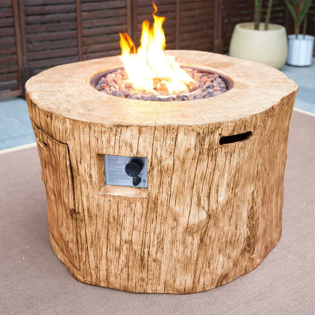 37" Brown Faux Wood Stump Propane Round Fire pit With Cover