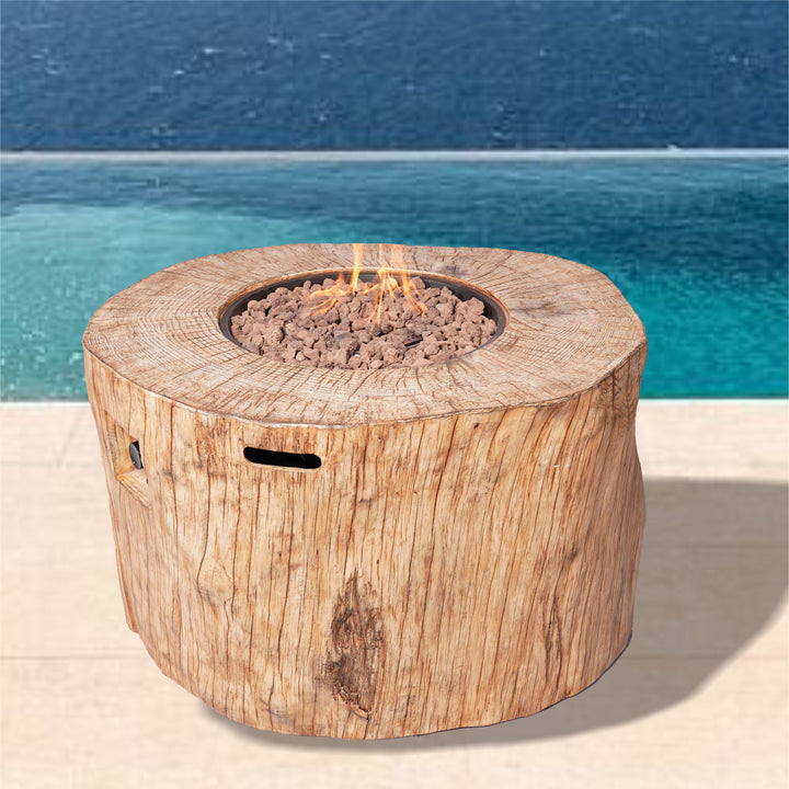 37" Brown Faux Wood Stump Propane Round Fire pit With Cover