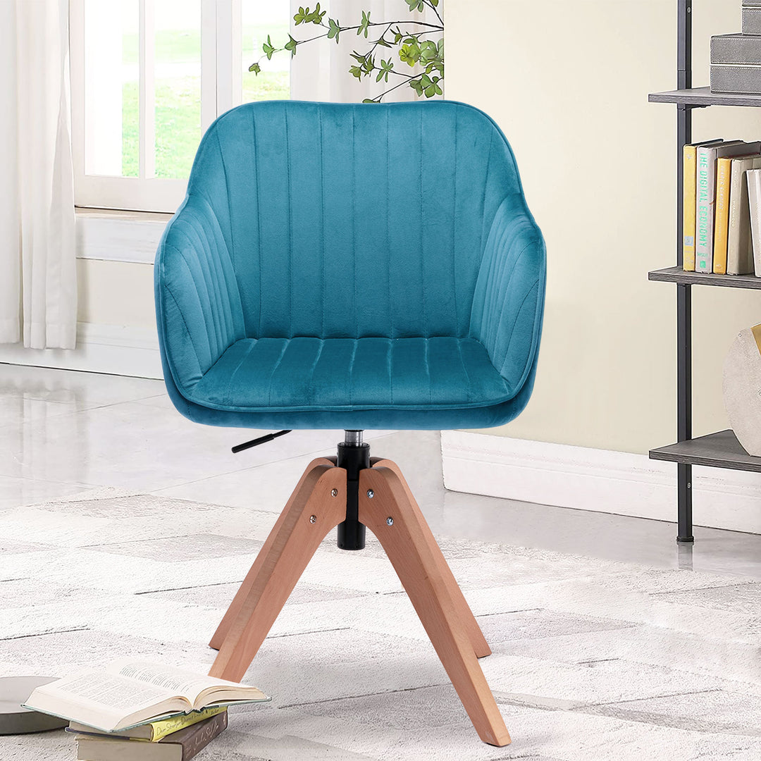 Tufted Teal Blue And Natural Velvet and Wood Dining Arm Chair