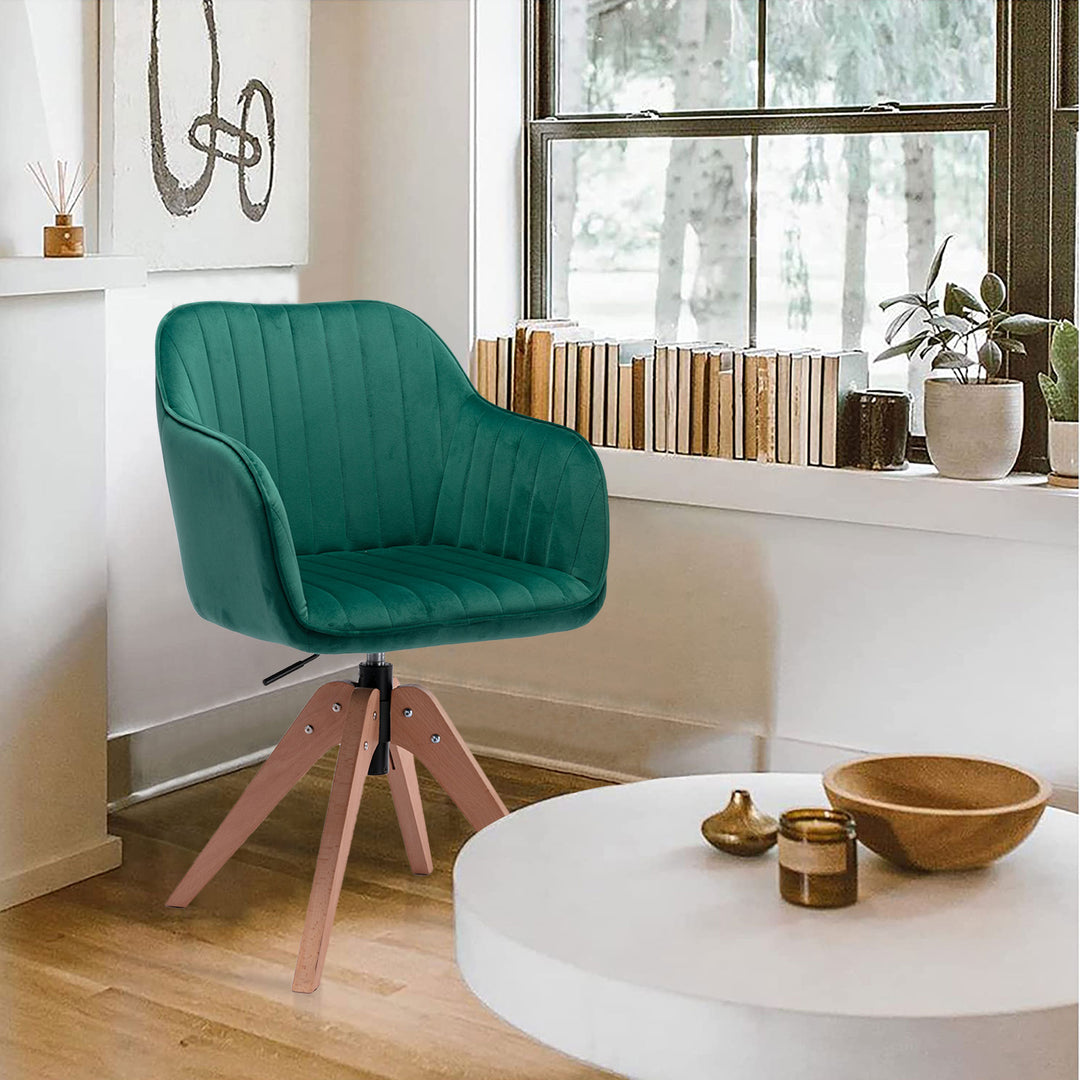 Tufted Green And Natural Velvet and Wood Dining Arm Chair