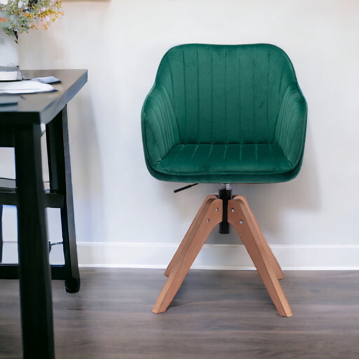 Tufted Green And Natural Velvet and Wood Dining Arm Chair