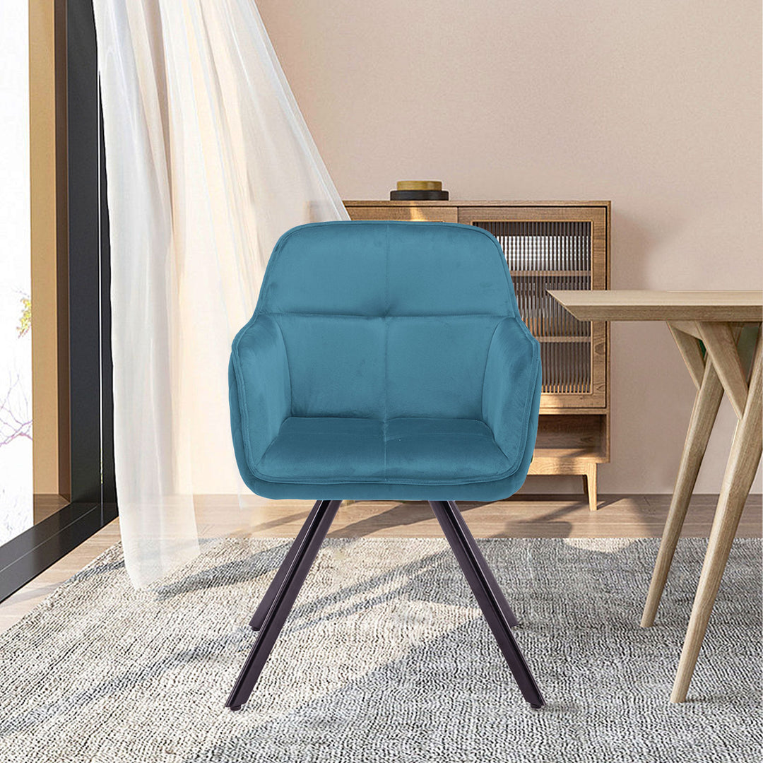 Tufted Blue And Black Velvet and Metal Dining Arm Chair