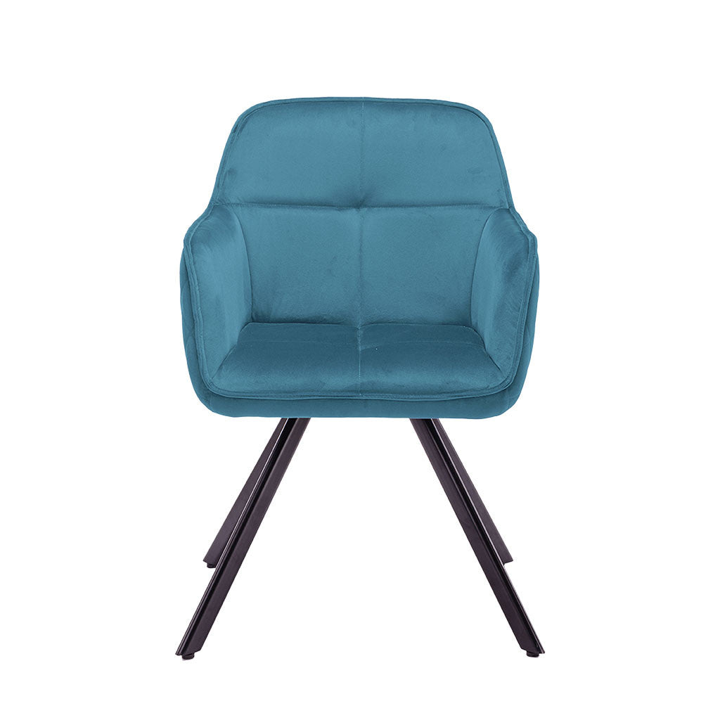 Tufted Blue And Black Velvet and Metal Dining Arm Chair