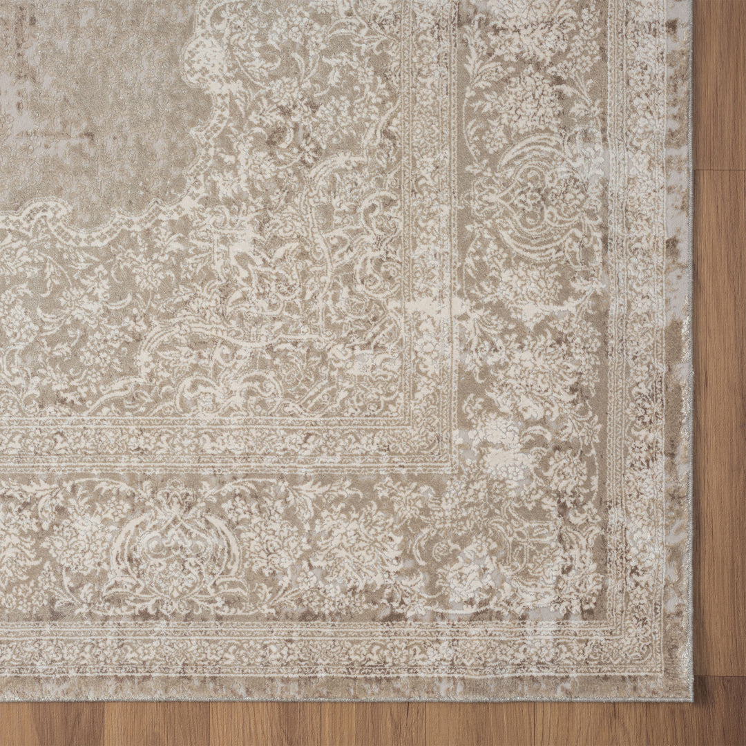 9' x 12' Beige and Ivory Medallion Area Rug