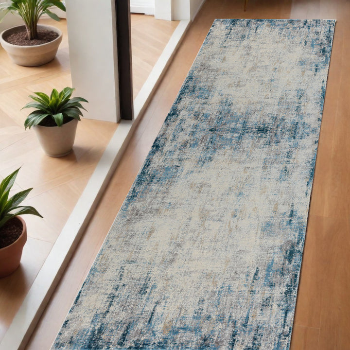 6' Runner Blue and Ivory Abstract Runner Rug