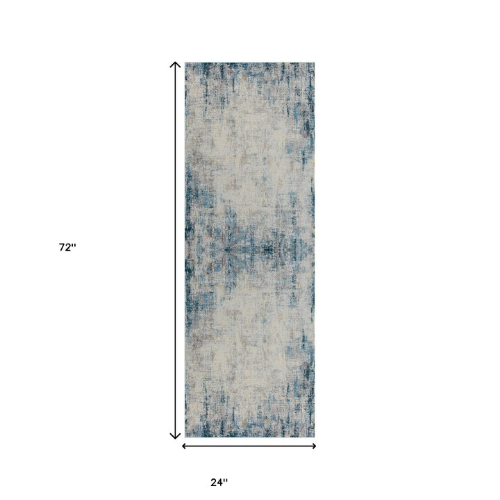 6' Runner Blue and Ivory Abstract Runner Rug