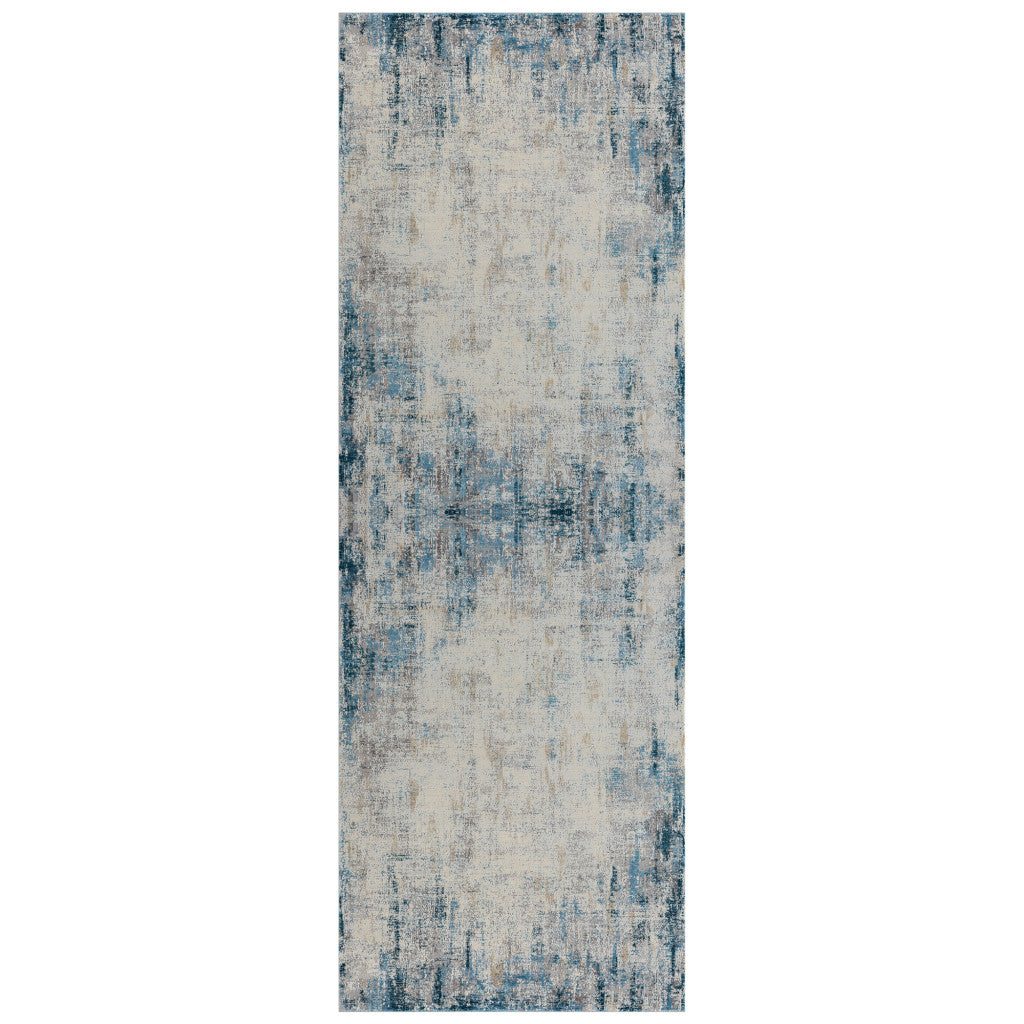 6' Runner Blue and Ivory Abstract Runner Rug