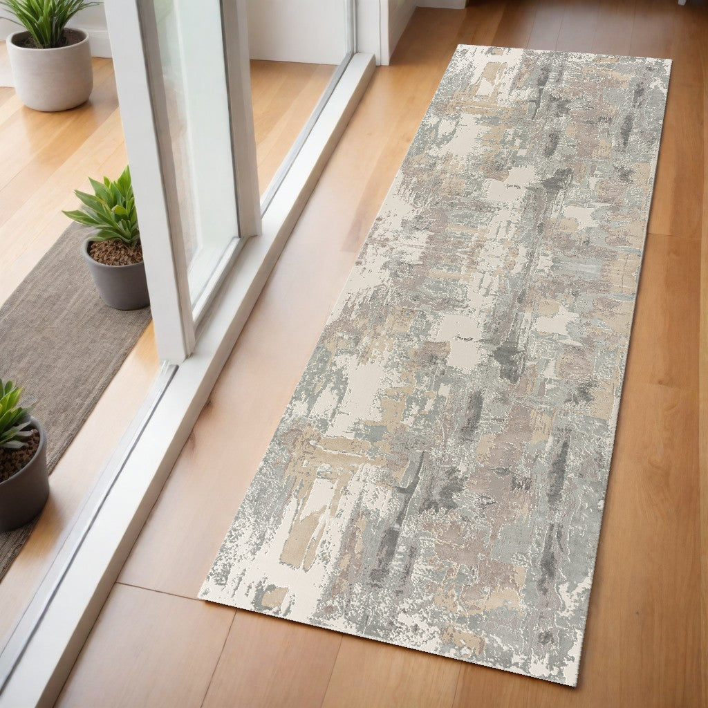 7' Runner Gray and Beige Abstract Runner Rug