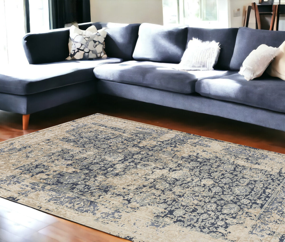 10' x 14' Blue and Ivory Square Floral Area Rug